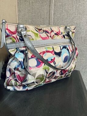 Coach Multicolor Circle-Print Shoulder Bag with Silver Trim